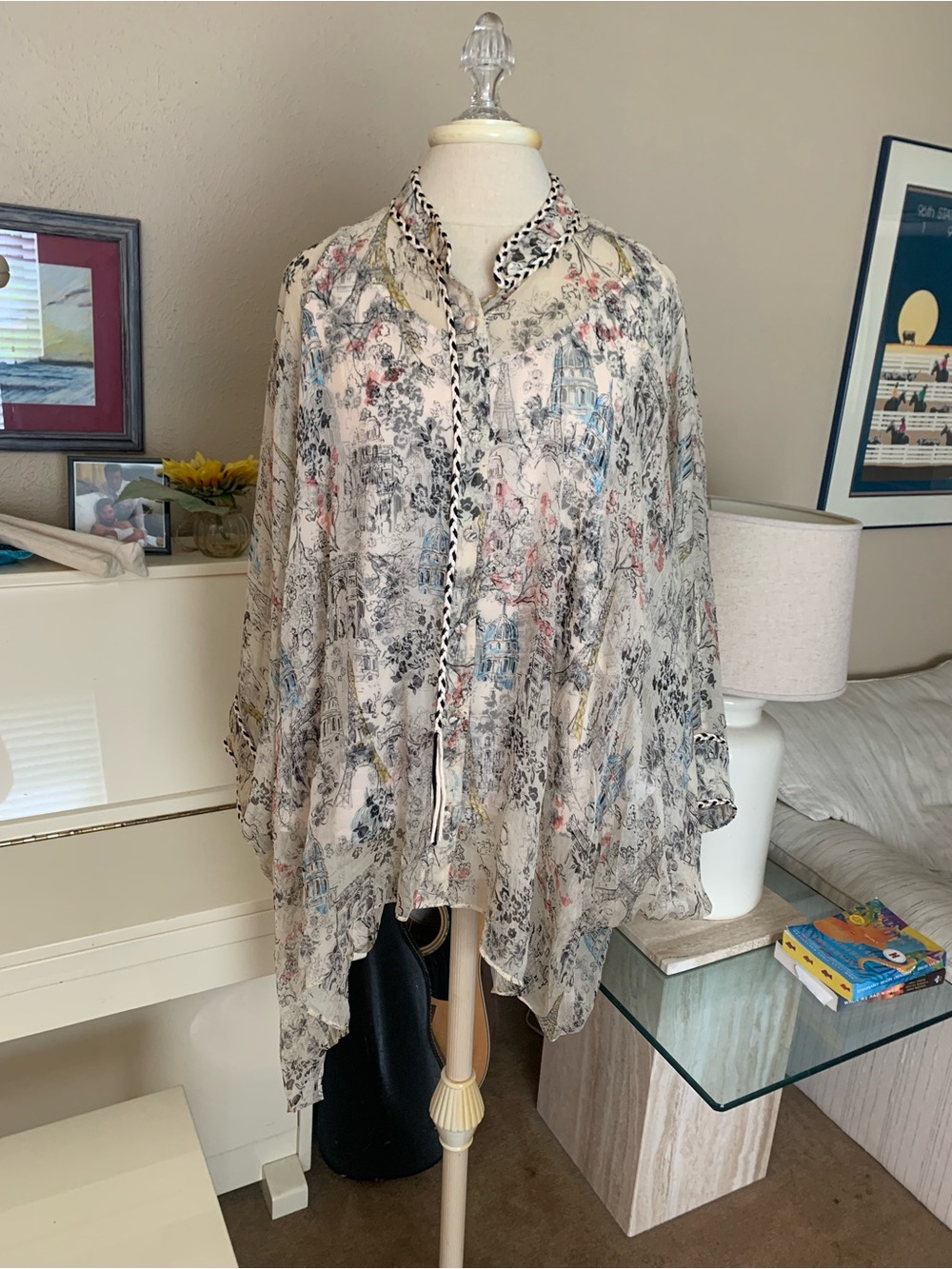 Johnny Was Cream Sheer Printed Blouse with Black and Blue Accents